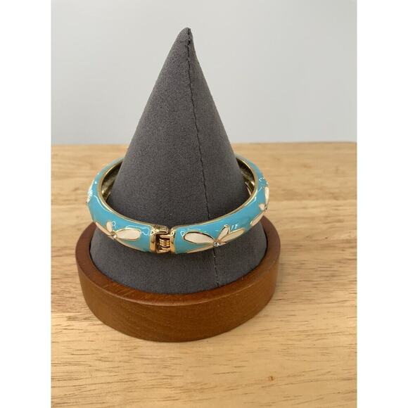 Vintage Style Blue Turquoise Aqua and Gold Rhinestone Bangle Fashion Jewelry - Picture 8 of 12